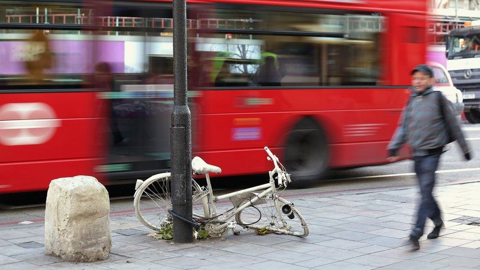 White "ghost bike" at King's Cross commemorates a cyclist's death there in 2011