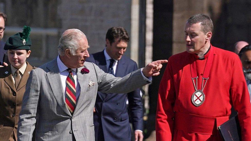 King Charles III with Dean of Armagh, the Very Revd Shane Forster (right), during his visit to St Patrick's Cathedral in Armagh, Co Armagh