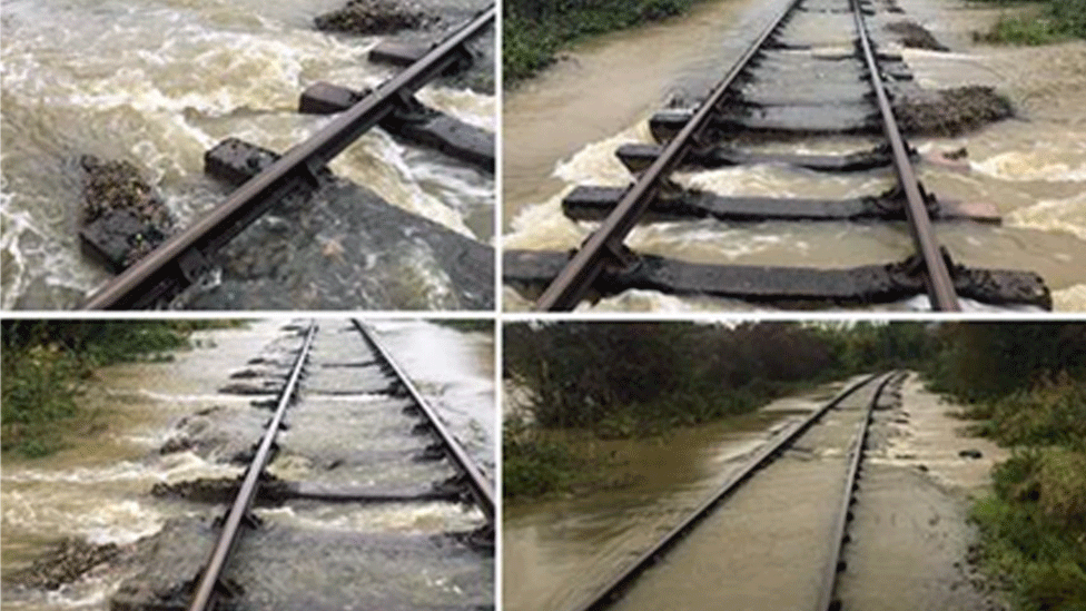 Four images showing tracks affected by floodwater