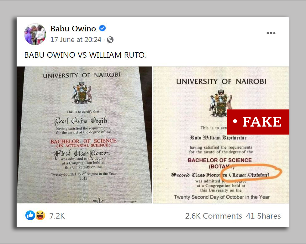 A screengrab of Facebook post with a fake Ruto certificate as posted by an MP Babu Owino