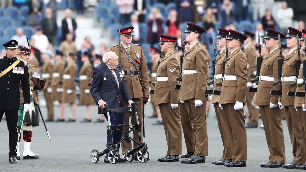 Captain Sir Tom Moore inspecting junior soldiers at Harrogate's Army Foundation College