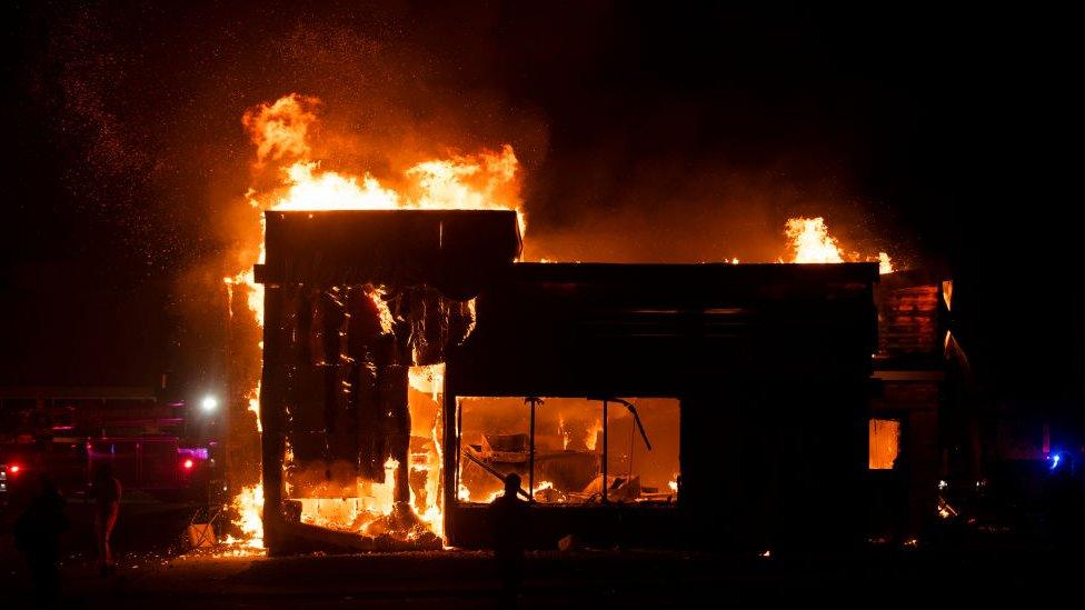 A fast food restaurant burns in Minneapolis