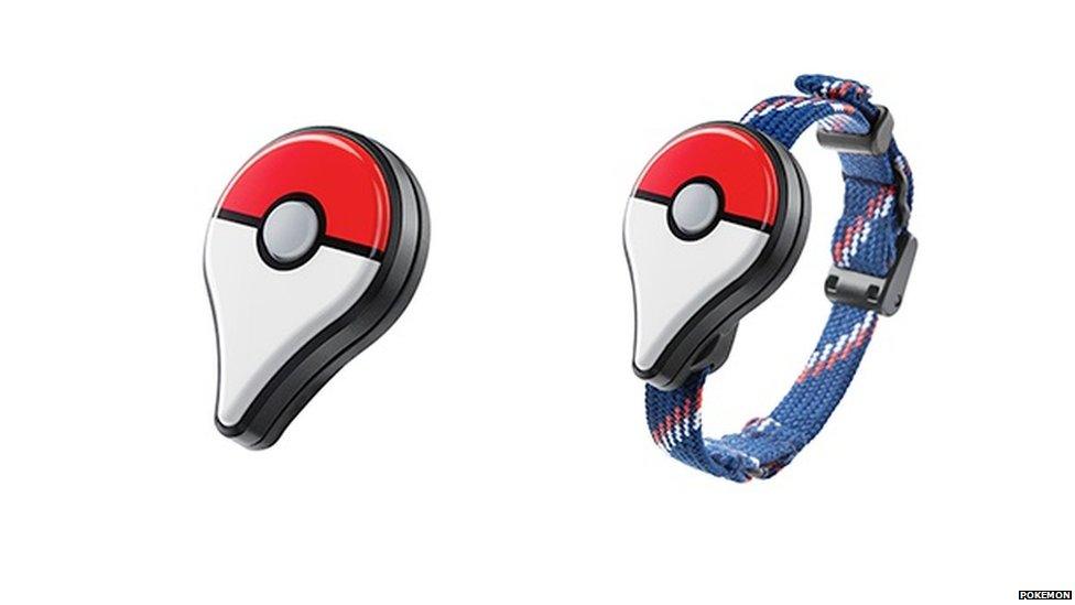 Pictures of the Pokémon GO Plus device, which comes with a wristband