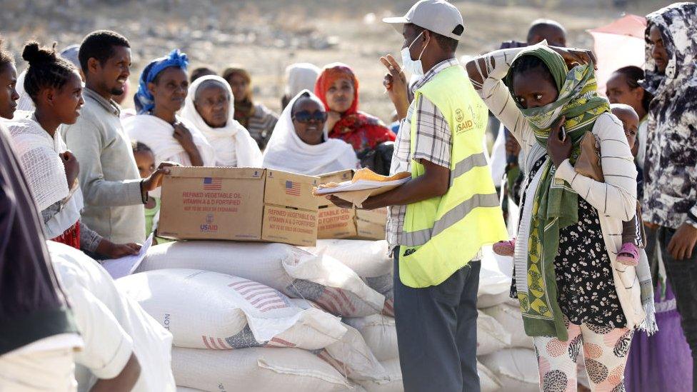 USAid food aid being distributed in Mekelle on 8 March 2021