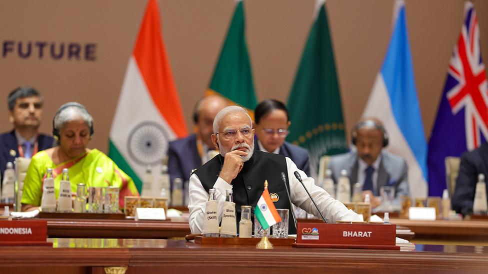 Modi presiding the closing session of the G20 Summit at the ITPO Convention Centre Pragati Maidan in New Delhi, India, 10 September 2023