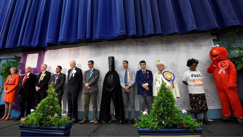 Theresa May waiting alongside fellow candidates including Elmo and Lord Buckethead at the Maidenhead election results in 2017