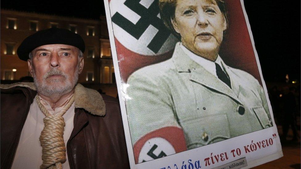 Greek poster showing Angela Merkel as Hitler