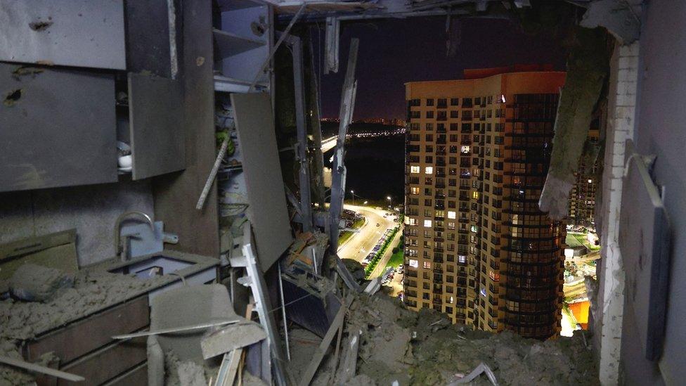 The overnight Russian drone strike left a gaping hole in this apartment in the Ukrainian capital