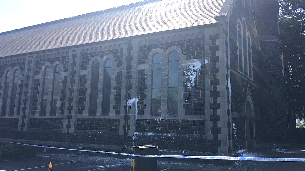 Paint damage on Sacred Heart Church in Ballyclare