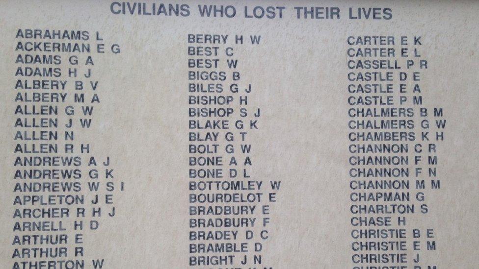 Civilian names on the war memorial in Portsmouth