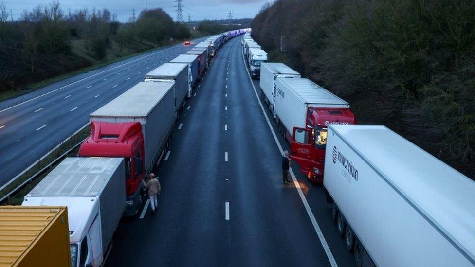 Long queues of lorries on the motorway in southern England