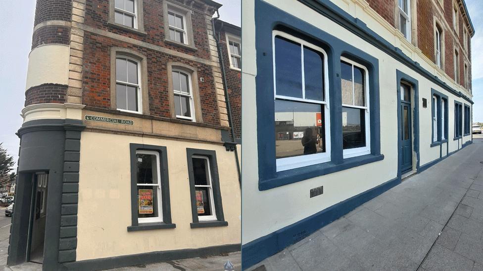 The renovated building, after the scaffolding has been removed. The doors and window frames in particular look as good as new.