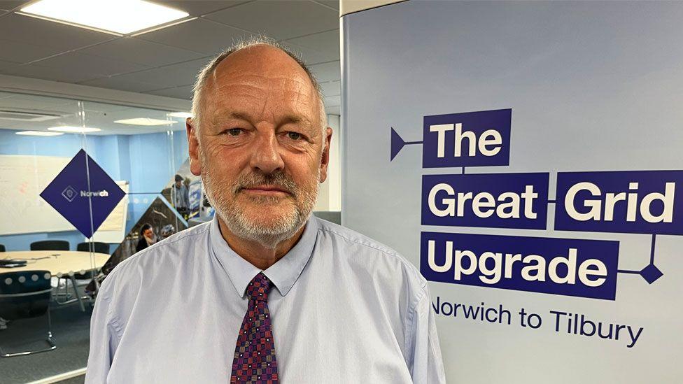 Simon Pepper standing in an office. He has very short white hair and a clipped white beard and is wearing a light blue shirt with a purple, pink and blue tie. Behind him is a sign saying in white letters on blue blocks, The Great Grid Upgrade Norwich to Tilbury.
