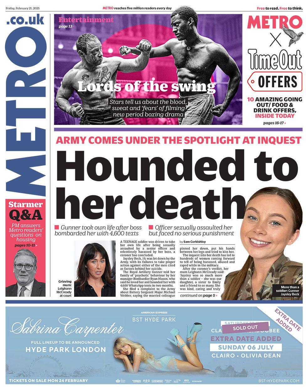 Metro headline reads: Hounded to her death