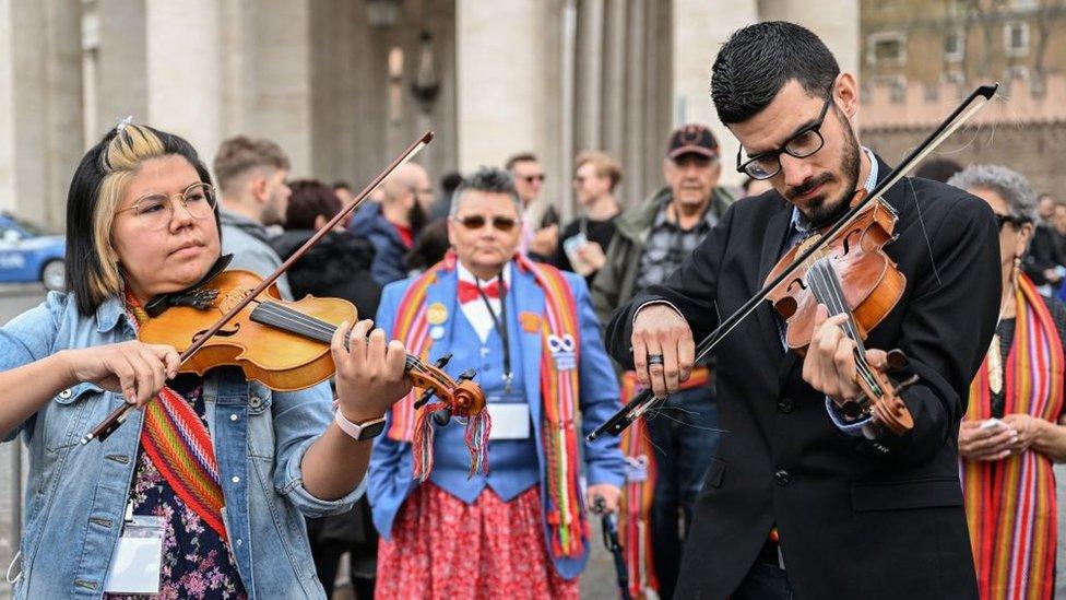 Métis delegates gather in St Peter's Square after a private meeting Monday with Pope Francis