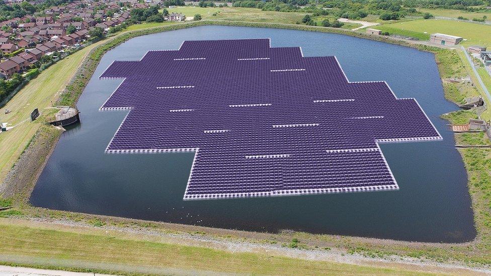 artist's impression of solar panels on reservoir