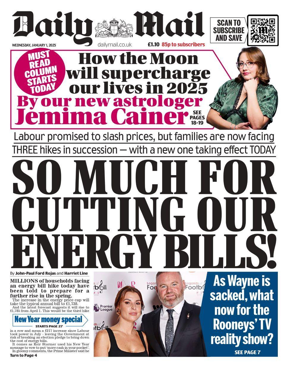 The Daily Mail's splash story reads "So much for cutting our energy bills"