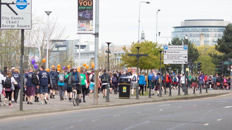 Kiltwalkers going through Glasgow