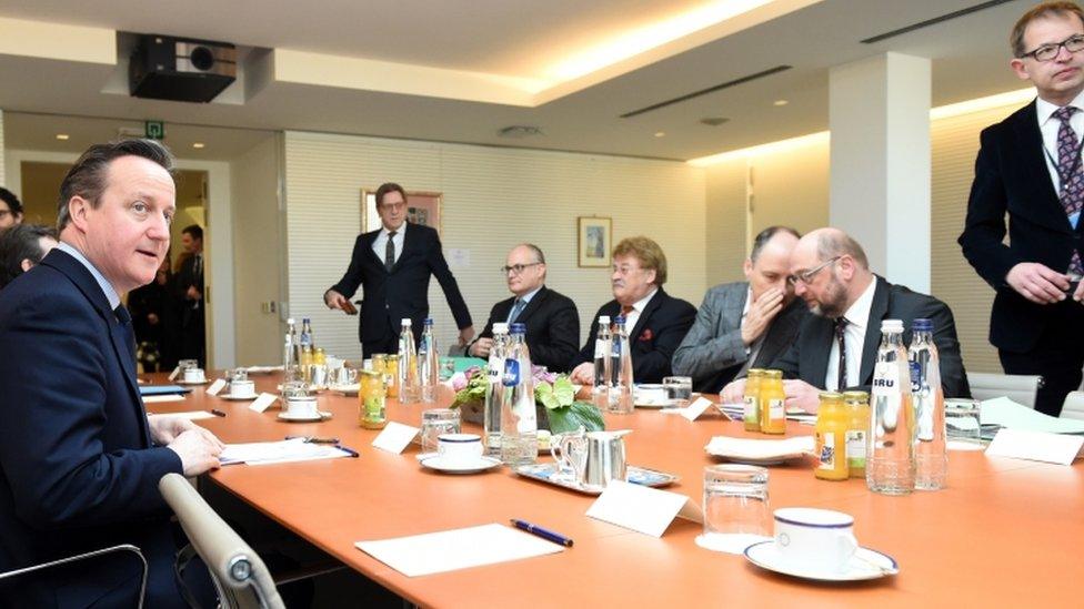 UK Prime Minister David Cameron, left, with European Parliament President Martin Schultz, second right, and other leaders of political groups at the European Parliament in Brussels