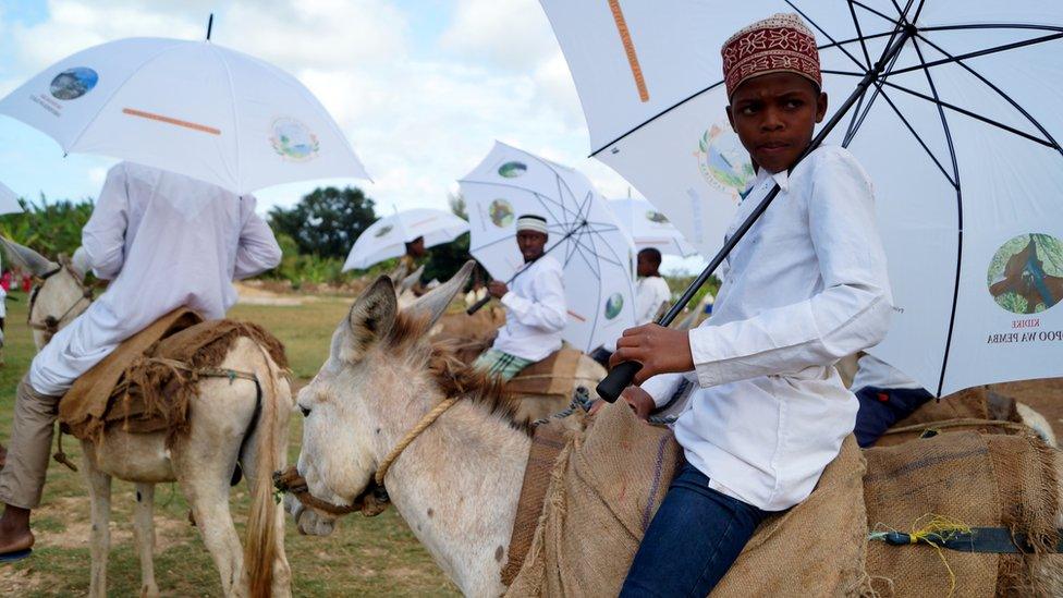 Participants riding donkeys