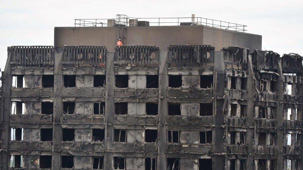 burnt out roof of Grenfell Tower after fire