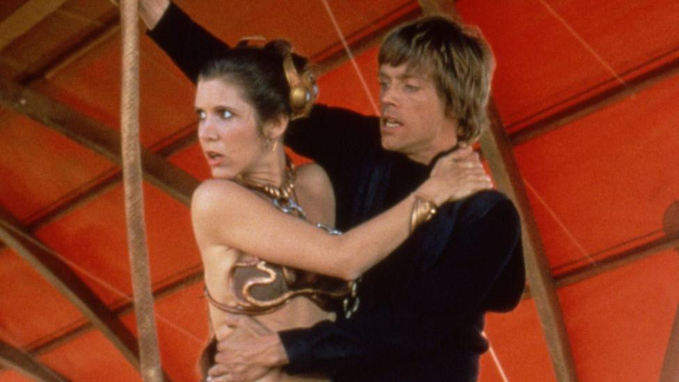 American actors Carrie Fisher and Mark Hamill on the set of Star Wars: Episode VI - Return of the Jedi directed by Welsh Richard Marquand