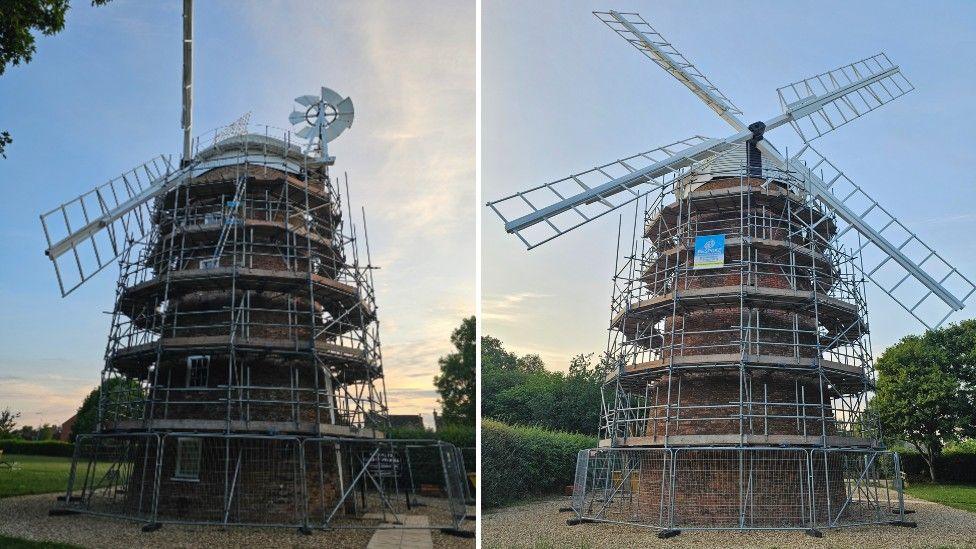 The outside of Dereham windmill with scaffolding around the outside.