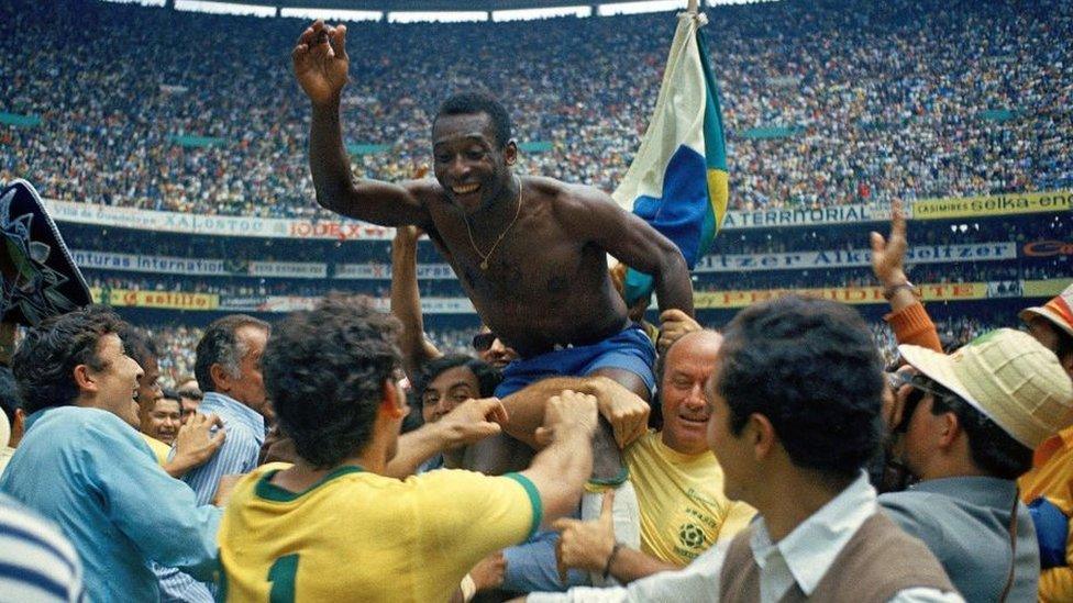 Edson Arantes Do Nascimento Pele of Brazil celebrates the victory after winnings the 1970 World Cup in Mexico match between Brazil and Italy at Estadio Azteca on 21 June in Mexico City.