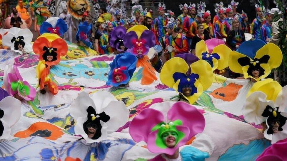 Performers take part in a parade during the Platinum Jubilee Pageant, marking the end of the celebrations for the Platinum Jubilee of Britain"s Queen Elizabeth, in London,