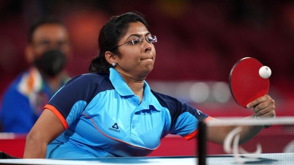 India"s Bhavinaben Hasmukhbhai Patel competes in the Women"s Singles - Class Four Gold medal match at the Tokyo Metropolitan Gymnasium during day five of the Tokyo 2020 Paralympic Games in Japan