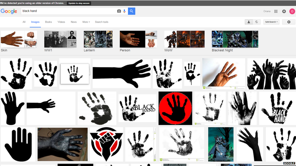 A print screen image of the Google image result for black hand showing various black animated hands