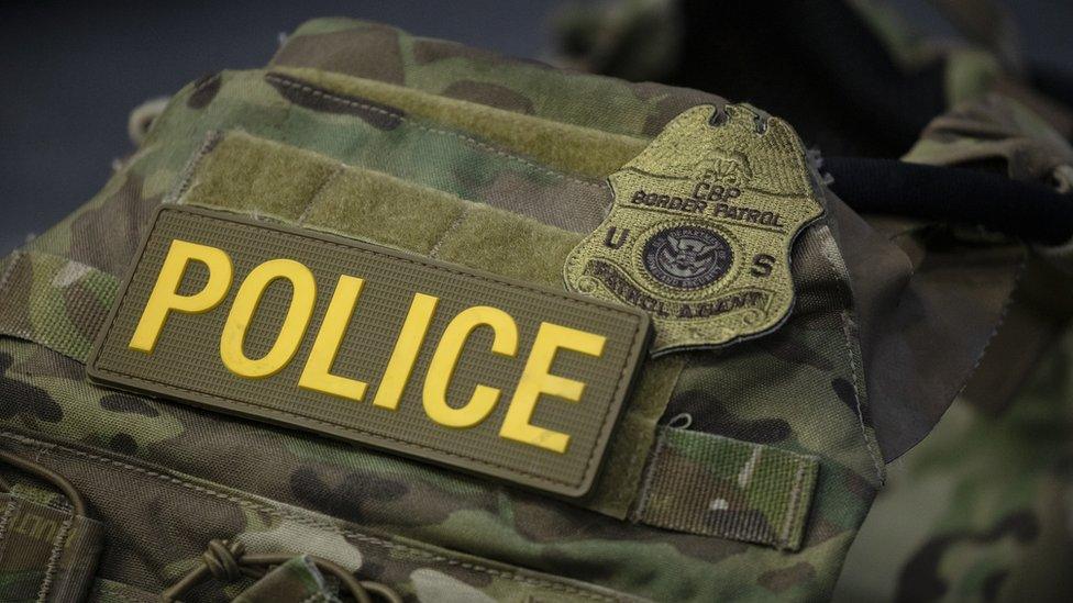 A protective vest with identifying markings worn by Border Patrol is seen during a press conference on the actions taken by Border Patrol and Homeland Security ag