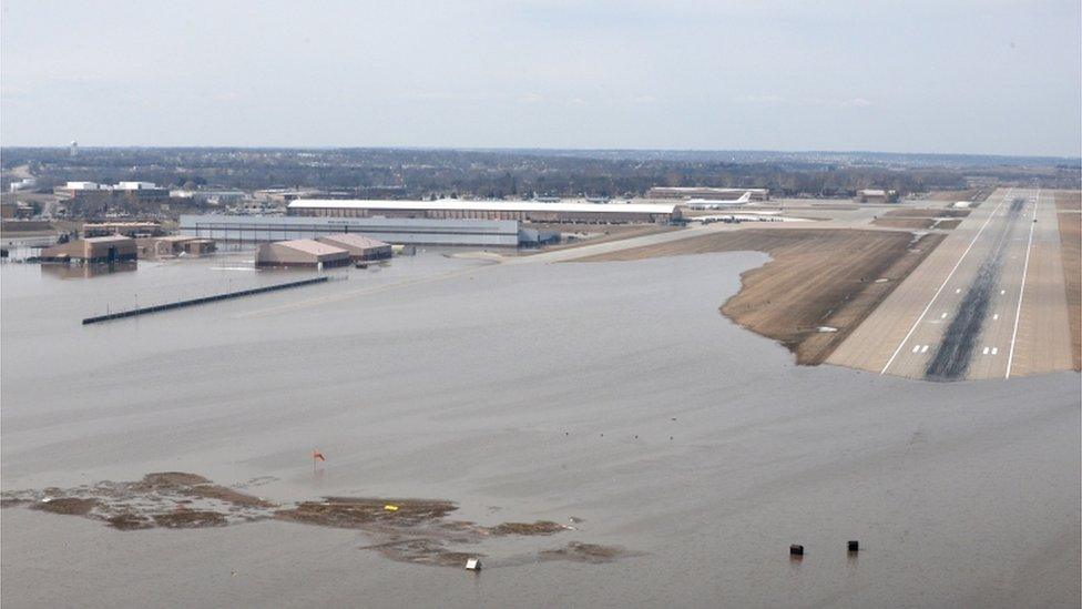 Offutt Air Force Base and the surrounding areas affected by flood waters are seen in this aerial photo taken in Nebraska, U.S., on March 16, 2019.