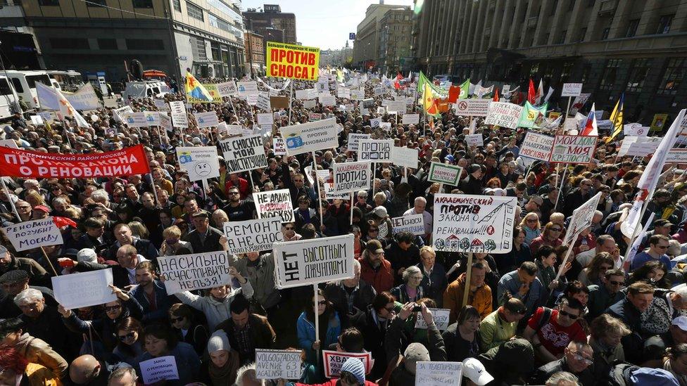 Residents protest against the decision by authorities to demolish soviet five-storey houses in Moscow, Russia, May 14, 2017.