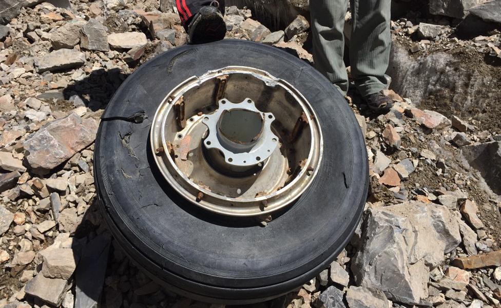 A wheel found on the debris site