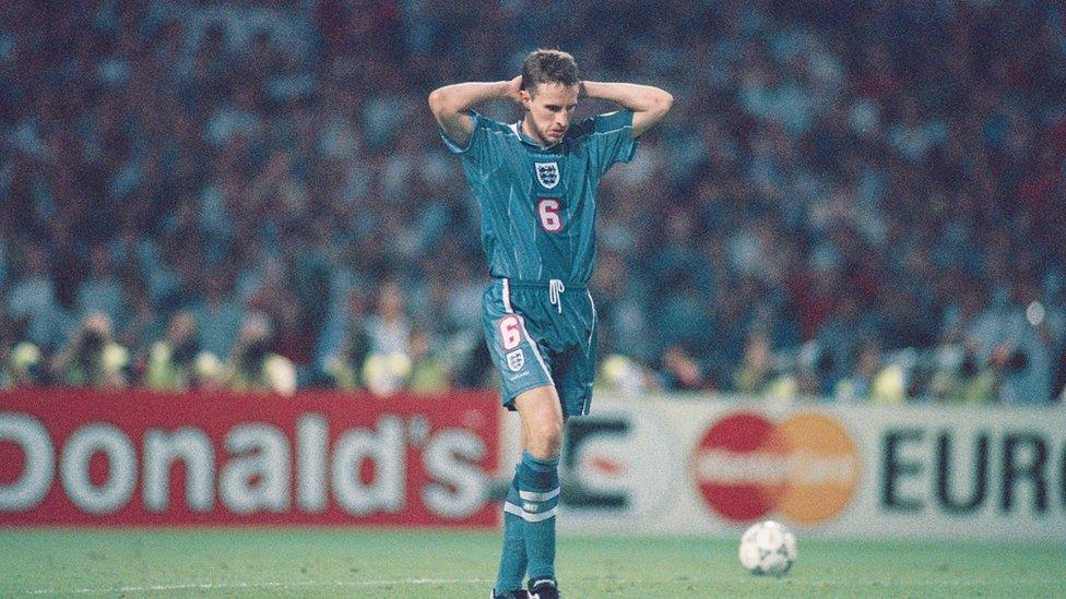 Gareth Southgate reacts after missing his penalty during the penalty shoot out.