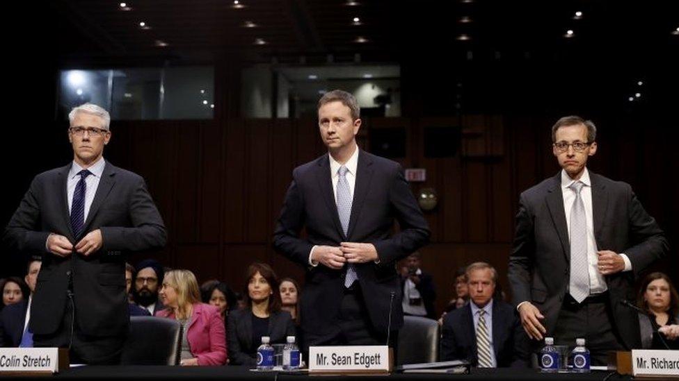 Colin Stretch, general counsel for Facebook (L), Sean Edgett, acting general counsel for Twitter (C) and Richard Salgado (R), director of law enforcement and information security at Google, testify before the Senate Judiciary committee.