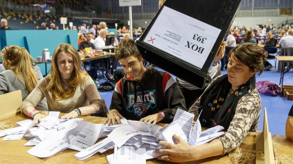 Staff count ballot papers at the Glasgow count centre at the Emirates Arena