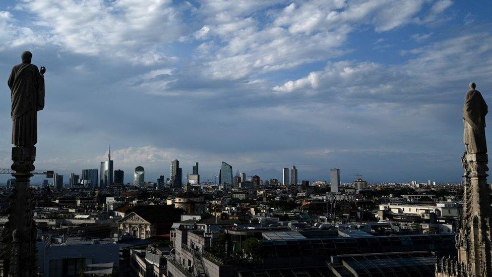 The Porta Nuova business district seen from the terrace of Duomo Cathedral in Milan