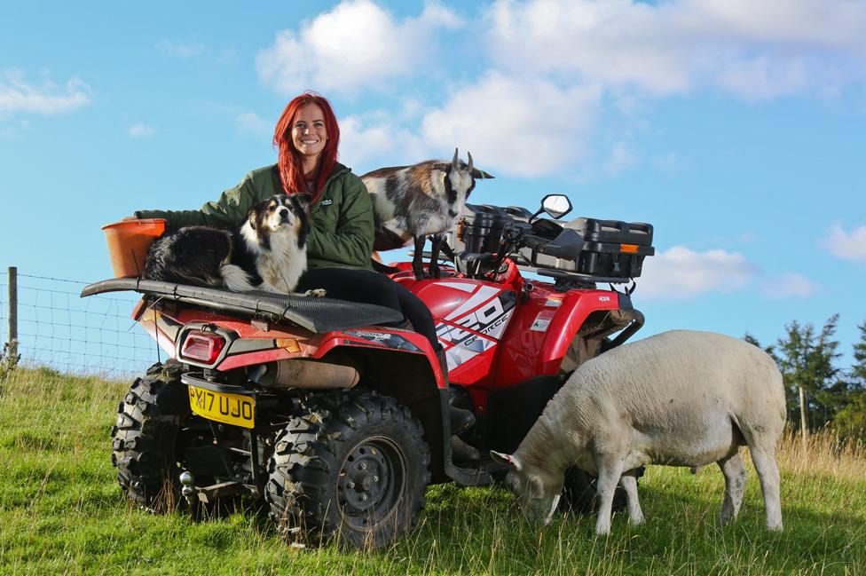 Hannah and some of her animals on her farm