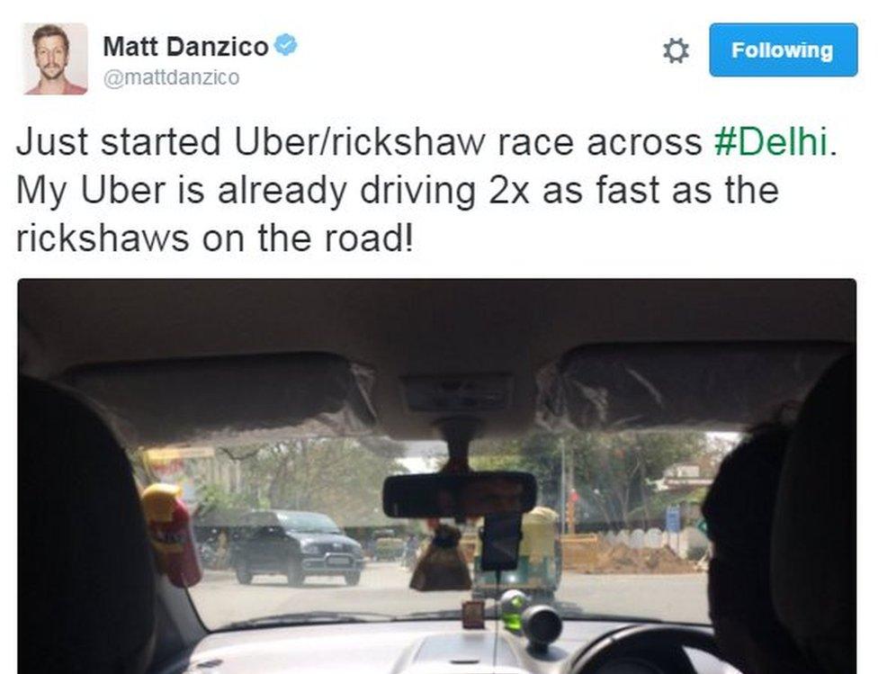 BBC Pop Up's Matt Danzico tweets about his trip in an Uber taxi in Delhi. Text reads: "Just started Uber/rickshaw race across #Delhi. My Uber is already driving 2x as fast as the rickshaws on the road!"