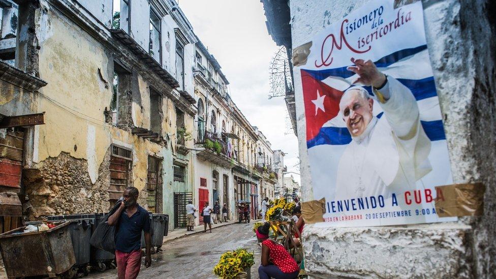 View of a poster of Pope Francis in Havana.