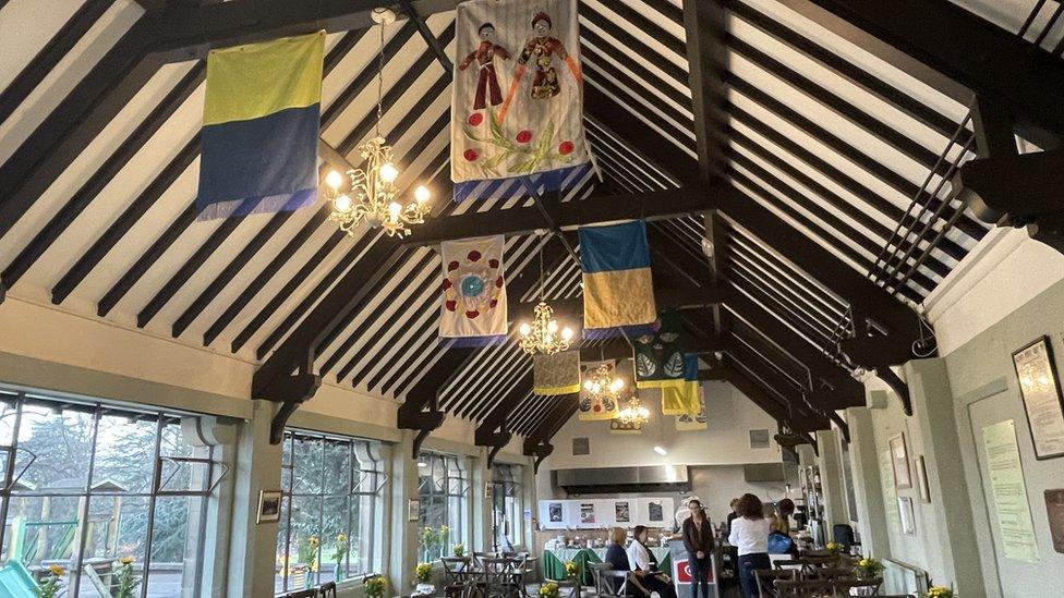 The Whitworth Centre decorated with Ukrainian flags