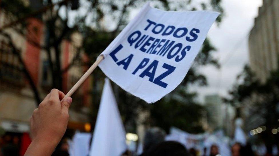 A supporter rallying for the national€™s new peace agreement with FARC holds a banner that reads "We all want peace" during a march in Bogota, Colombia, November 15, 2016