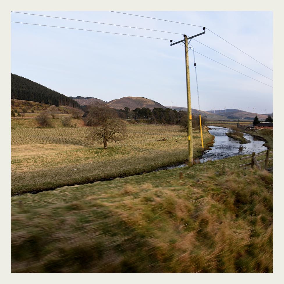 View of lowland Scotland from a Class 90 locomotive