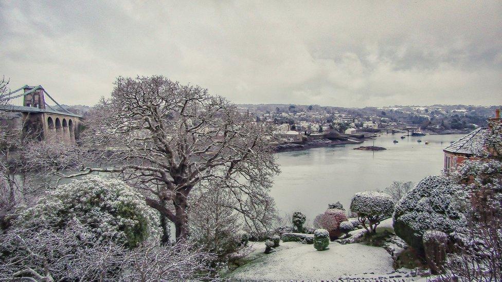 Snow over Menai Strait