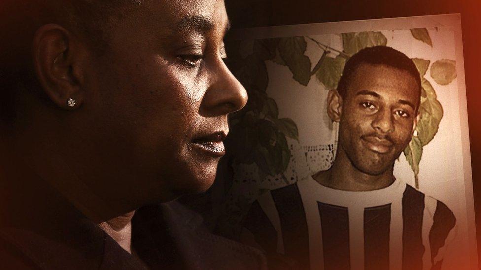 Composite image showing Baroness Doreen Lawrence and a family photo of Stephen Lawrence