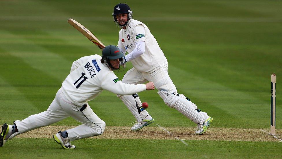 A Leicestershire Fox player looks on as he misses the catch from a Kent batsman.