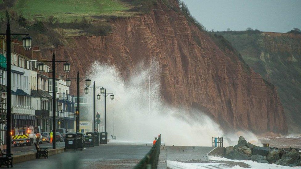 Large waves crashing on to the pavement on Sidmouth Esplanade