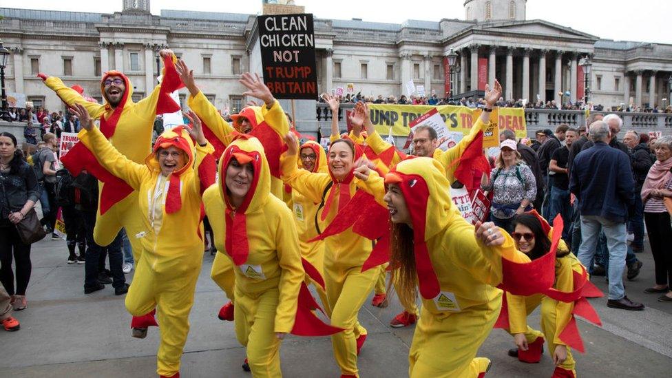 Chlorinated chicken dancers in Trafalgar Square during protests against the state visit of US President Donald Trump on 4th June 2019